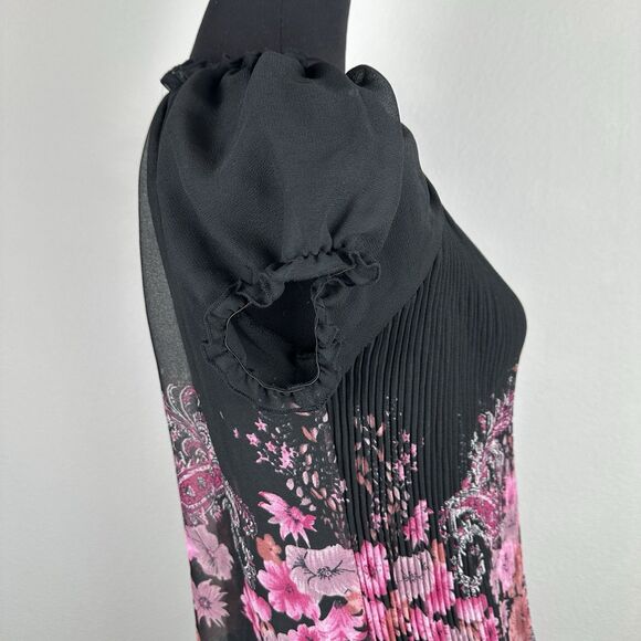 Chaudry KC Top Womens Small Black Sheer Pleated Loose Flowy Tropical Floral NEW - Picture 7 of 13
